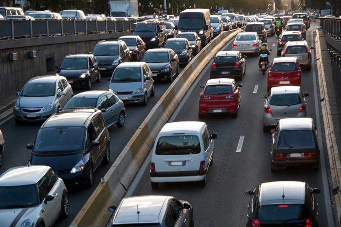 Traffic jam on a multi-lane highway.