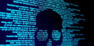 Blue code text with skull shape in center.